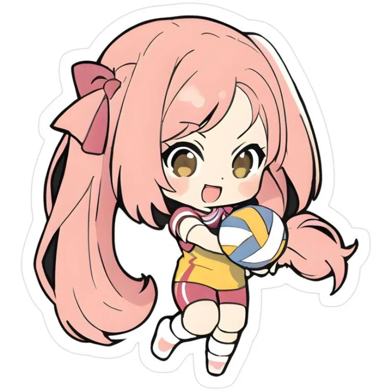 Ảnh anime bóng chuyền chibi cô gái tóc hồng ôm bóng vui vẻ.