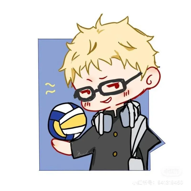 Ảnh anime bóng chuyền chibi đeo kính cầm quả bóng chuyền.