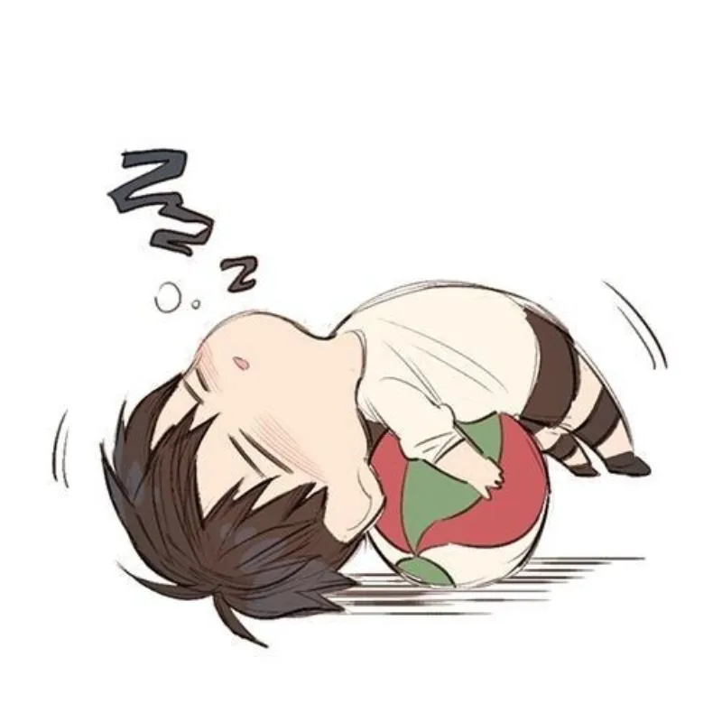 Ảnh anime bóng chuyền chibi nhân vật nằm ngủ ôm quả bóng.