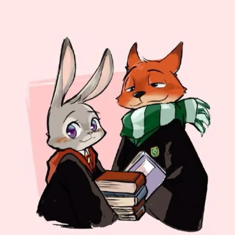 Tranh vẽ thỏ Judy và cáo Nick mặc đồng phục trường phù thủy Harry Potter ôm sách