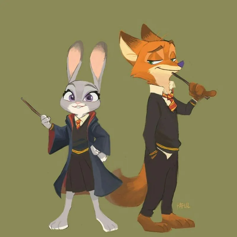 Thỏ Judy và cáo Nick mặc đồng phục Hogwarts cầm đũa phép tạo dáng tinh nghịch