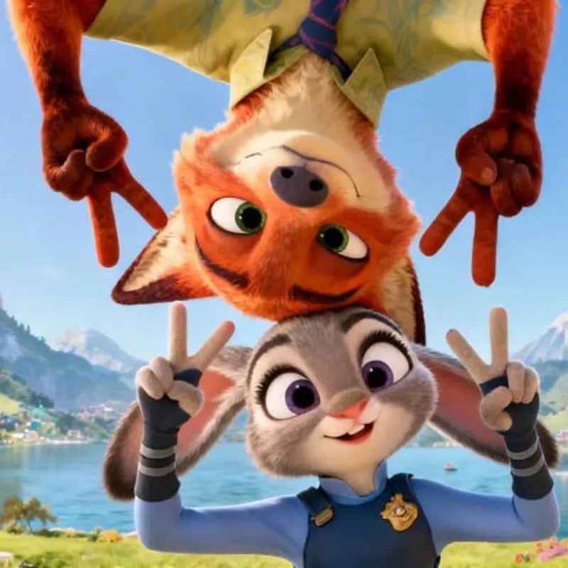 ảnh cáo và thỏ zootopia treo ngược giơ tay chữ V
