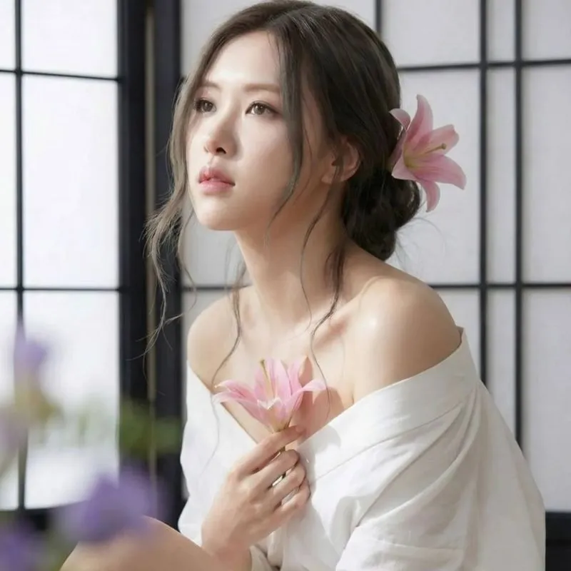 Rosé búi tóc nhẹ nhàng cài hoa ly hồng, mặc áo trễ vai trắng đầy thanh lịch và thuần khiết