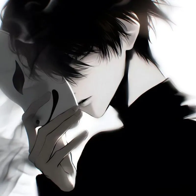 Hình vẽ anime trắng đen, một chàng trai mặc áo cổ lọ đen, tay cầm chiếc mặt nạ cười mỉm, gương mặt thật đượm buồn