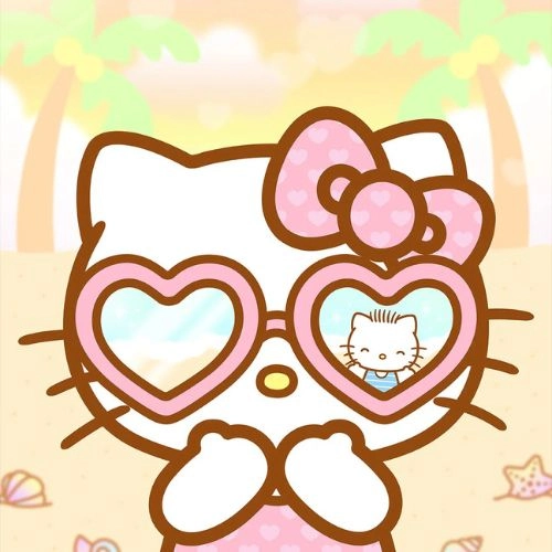 Hello Kitty đeo kính mát hình trái Tim lớn, phản chiếu cảnh biển