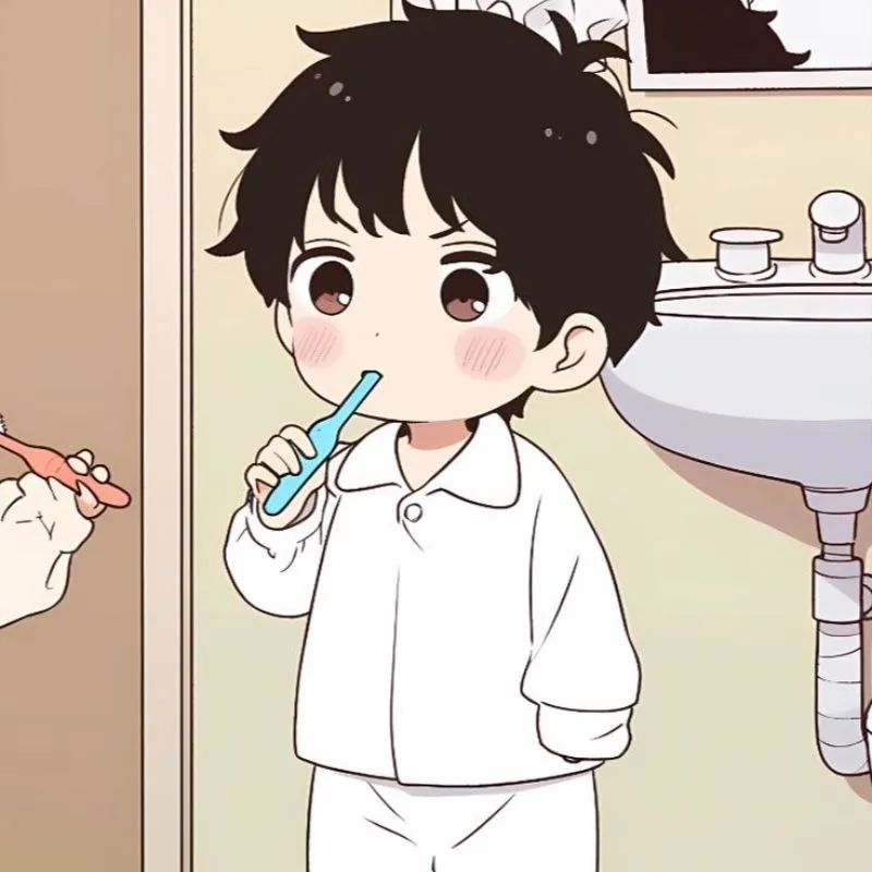 Avatar TikTok vô tri bé trai mặc đồ trắng đang đánh răng.
