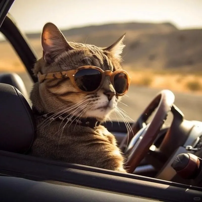 Hình ảnh mèo mướp đeo kính râm cool ngầu ngồi ôm vô lăng lái ô tô