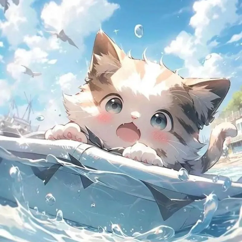 Ảnh anime mèo con vô tri ngơ ngác chèo thuyền giữa biển
