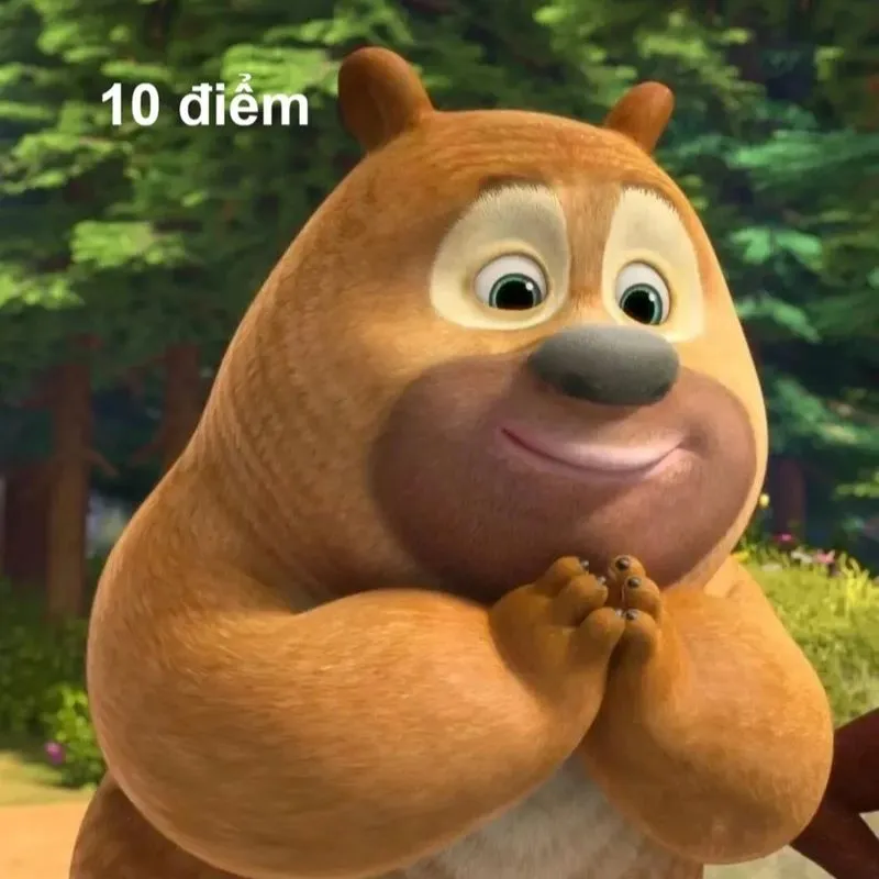 Nhân vật hoạt hình gấu nâu mỉm cười nhẹ nhàng, chụm hai tay trước ngực. Chữ "10 điểm" ở góc trên bên trái