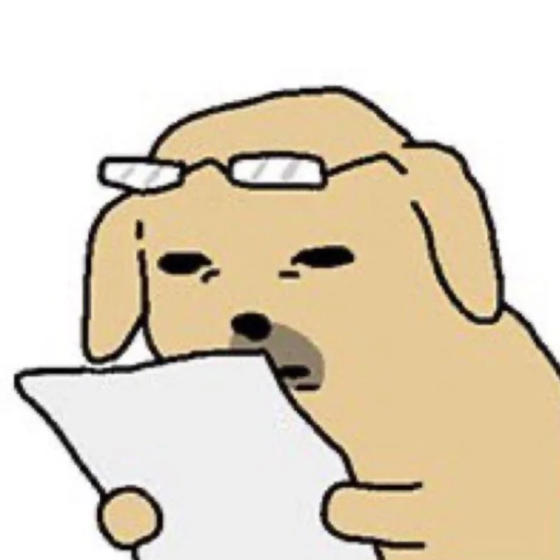 Chú chó meme đeo kính đang đọc tài liệu với vẻ mặt chán nản trên nền trắng đơn giản
