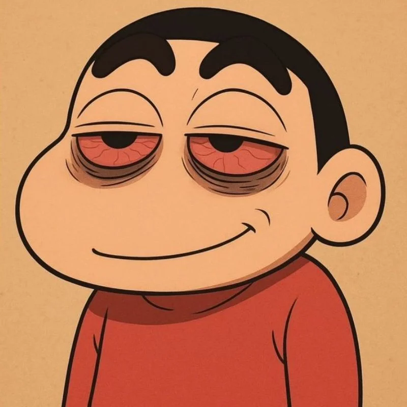 Shin-chan với đôi mắt đỏ ngầu, vẻ mặt mệt mỏi và nụ cười nhếch mép thể hiện sự chán chường
