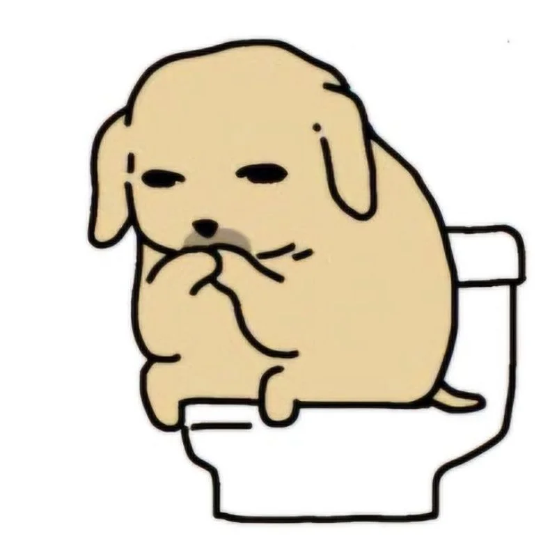 Meme chó con ngồi bệt trên bồn cầu, biểu cảm chán nản, tay ôm mặt