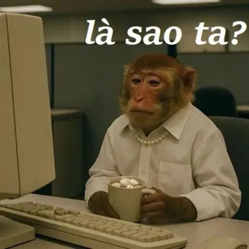 Chú khỉ sành điệu mặc áo sơ mi và vòng cổ, nhìn chằm chằm vào màn hình máy tính và cầm ly cà phê
