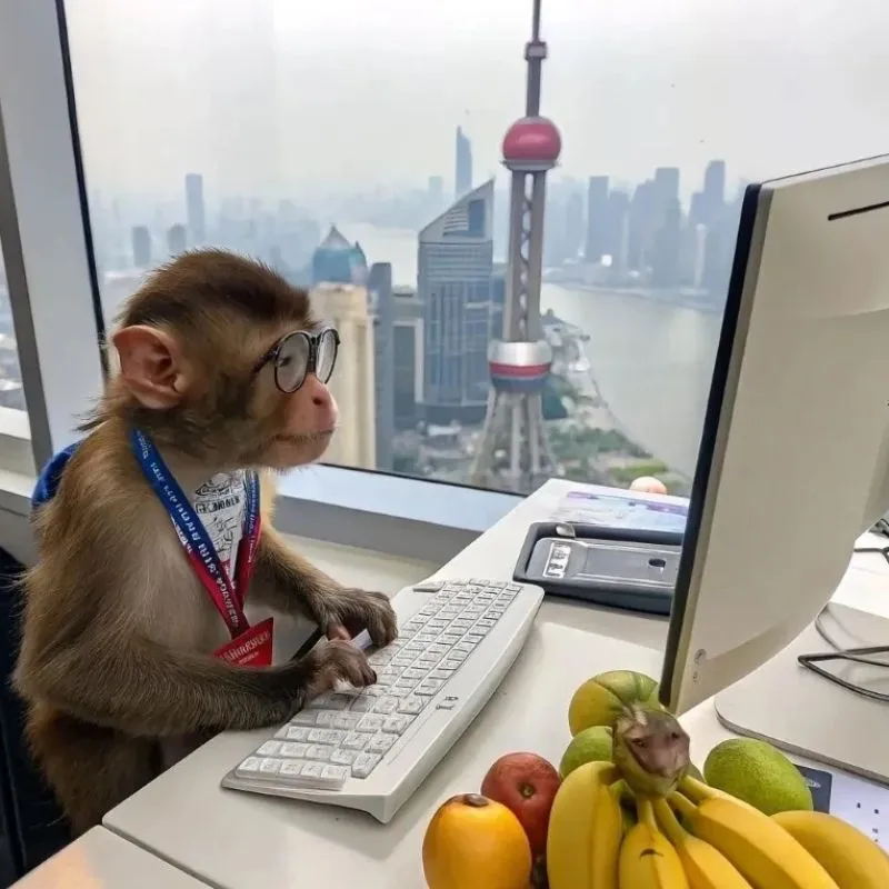 Chú khỉ văn phòng chuyên nghiệp đang gõ máy tính, có chuối ở bên và nhìn ra cảnh quan thành phố Thượng Hải