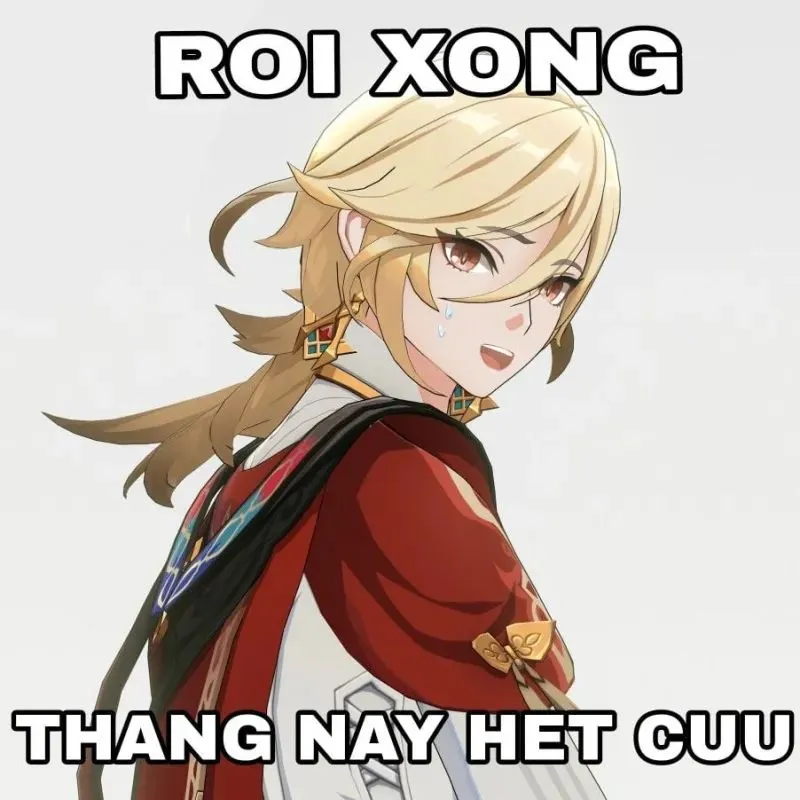 Meme nhân vật anime Kaveh tóc vàng đang khóc ròng đổ mồ hôi, kèm chữ "ROI XONG THANG NAY HET CUU"