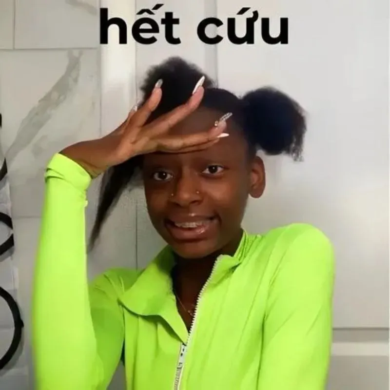 Meme cô gái mặc áo khoác màu xanh neon, tay đặt lên trán tỏ vẻ ngán ngẩm kèm dòng chữ "hết cứu" phía trên