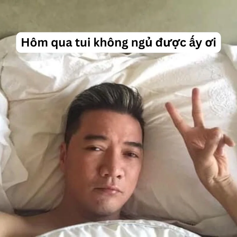 Ảnh Đàm Vĩnh Hưng nằm trên giường giơ tay chữ V với caption "Hôm qua tui không ngủ được ấy ơi".