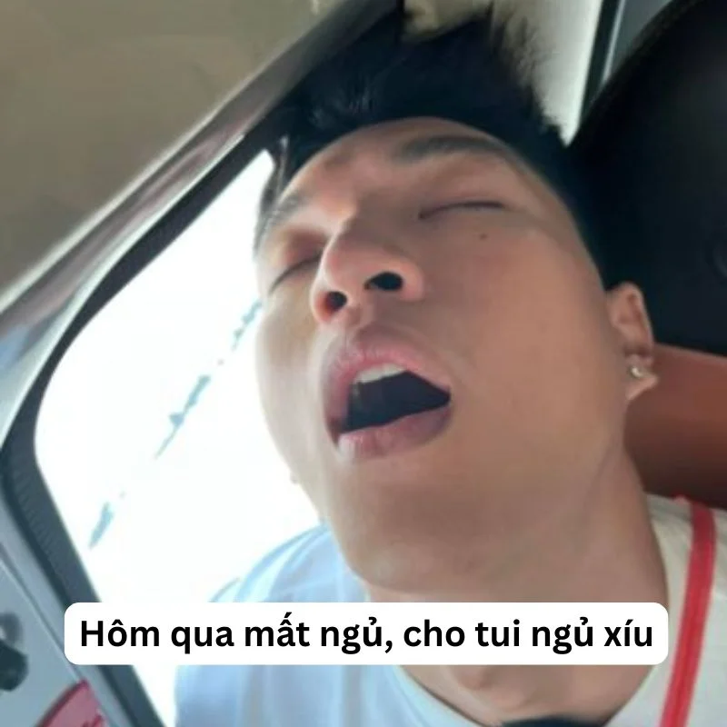 Chàng trai ngủ gục trên xe với caption "Hôm qua mất ngủ, cho tui ngủ xíu".