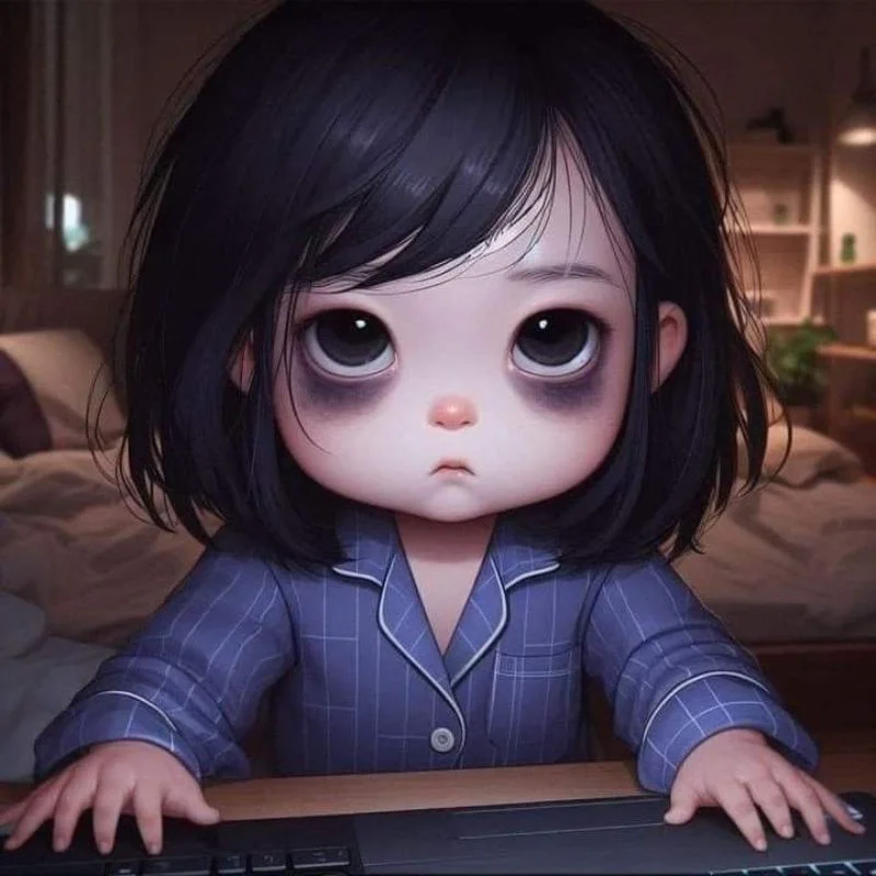 quầng thâm mắt đen xì, đang nhìn vào màn hình máy tính với vẻ mặt mệt mỏi.