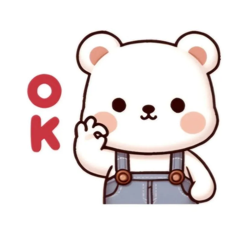 Ảnh meme gấu trắng cute mặc quần yếm bò giơ tay làm dấu OK