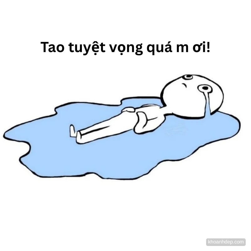 Hình vẽ người nằm khóc trên vũng nước, kèm dòng chữ "Tao tuyệt vọng quá