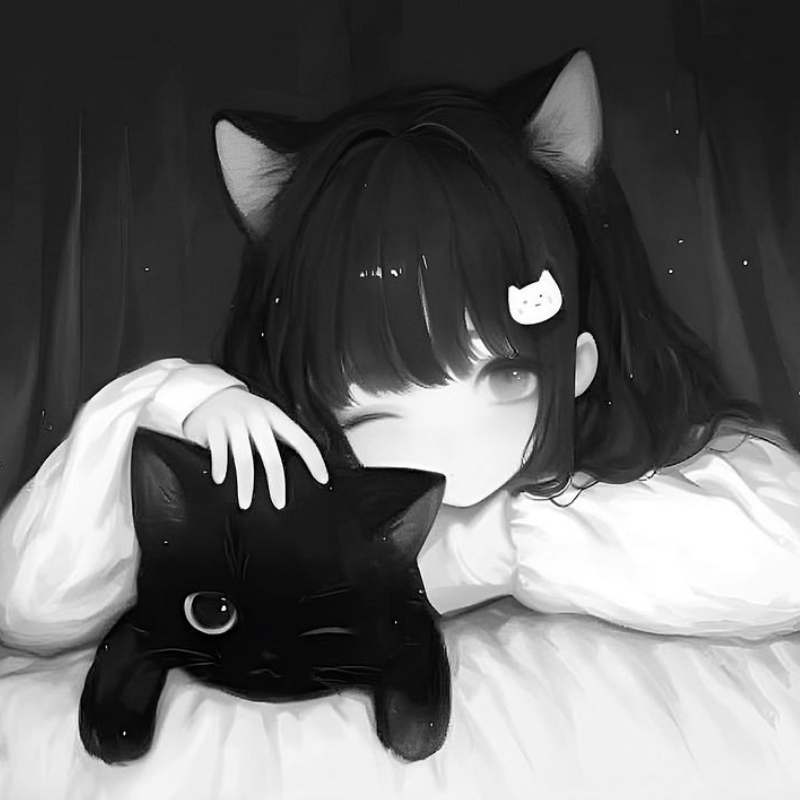 Hình mèo đen nằm cạnh cô gái anime dễ thương
