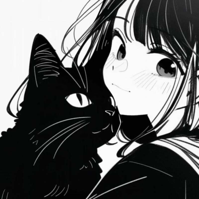 Ảnh mèo đen bên cô gái phong cách manga