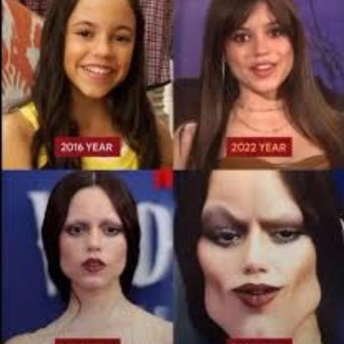 Mewing meme so sánh sự thay đổi xương hàm của Jenna Ortega.