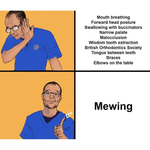 Ảnh chế Mewing face so sánh thói quen xấu và bài tập cơ hàm đúng cách.