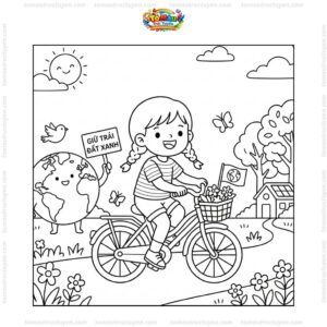 Tranh tô màu bảo vệ trái đất đi xe đạp