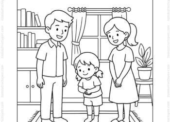 Tranh tô màu bé chào hỏi lễ phép bố mẹ