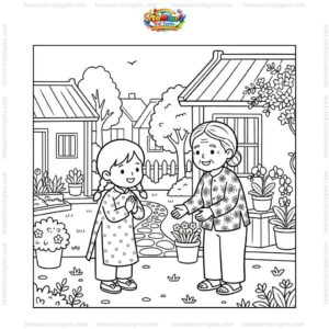 Tranh tô màu bé chào hỏi lễ phép hàng xóm