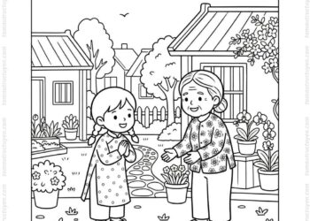 Tranh tô màu bé chào hỏi lễ phép hàng xóm