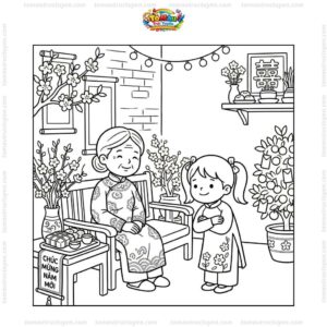 Tranh tô màu bé chào hỏi lễ phép ngày đầu năm