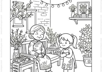 Tranh tô màu bé chào hỏi lễ phép ngày đầu năm