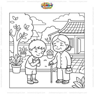 Tranh tô màu bé chào hỏi lễ phép người lớn