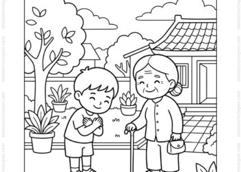 Tranh tô màu bé chào hỏi lễ phép người lớn
