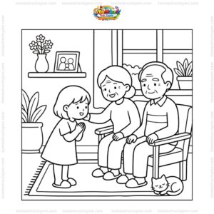 Tranh tô màu bé chào hỏi lễ phép ông bà
