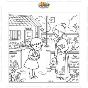 Tranh tô màu bé chào hỏi lễ phép thầy cô