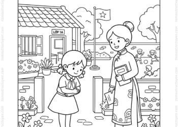 Tranh tô màu bé chào hỏi lễ phép thầy cô