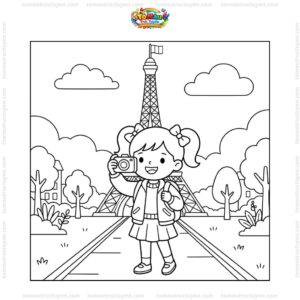 Tranh tô màu bé checkin bên tháp Eiffel