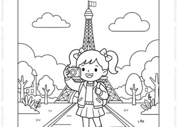 Tranh tô màu bé checkin bên tháp Eiffel