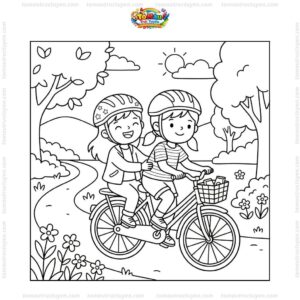 Tranh tô màu bé đội mũ bảo hiểm cùng bạn