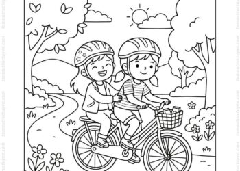 Tranh tô màu bé đội mũ bảo hiểm cùng bạn