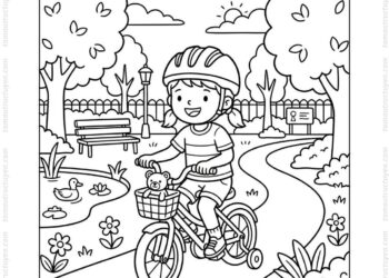 Tranh tô màu bé đội mũ bảo hiểm đạp xe công viên