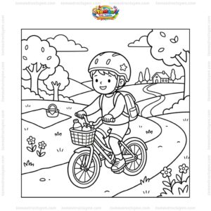 Tranh tô màu bé đội mũ bảo hiểm đi dã ngoại
