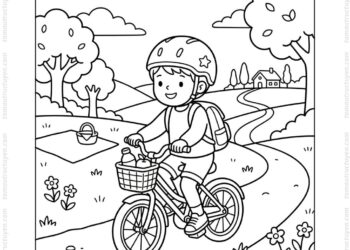 Tranh tô màu bé đội mũ bảo hiểm đi dã ngoại