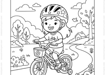 Tranh tô màu bé đội mũ bảo hiểm đi xe đạp