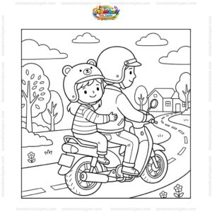 Tranh tô màu bé đội mũ bảo hiểm đi xe máy