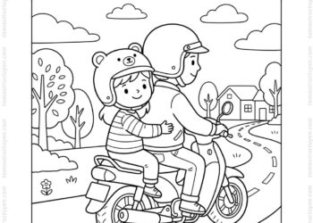 Tranh tô màu bé đội mũ bảo hiểm đi xe máy